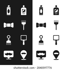 Set Hairbrush, Bow tie, Shaving gel foam, Bottle of shampoo, Hand mirror, Barbershop and  icon. Vector