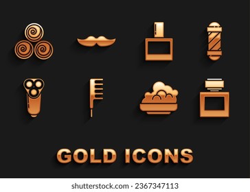 Set Hairbrush, Classic Barber shop pole, Aftershave, Shaving gel foam, Electric razor blade for men, Towel rolls and Mustache icon. Vector
