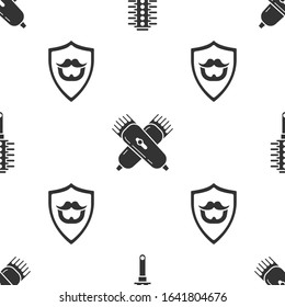 Set Hairbrush, Crossed electrical hair clipper or shaver and Mustache and beard on shield on seamless pattern. Vector