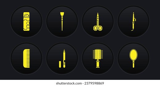 Set Hairbrush, Curling iron, Eyeliner, eyebrow, Scissors, Makeup, Hand mirror and Shaving gel foam icon. Vector