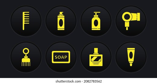 Set Hairbrush, dryer, Bar of soap with foam, Aftershave, Cream or lotion cosmetic tube, Shaving gel,  and  icon. Vector
