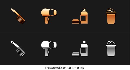 Set Hairbrush, dryer, Bottle of shampoo and Bucket with soap suds icon. Vector