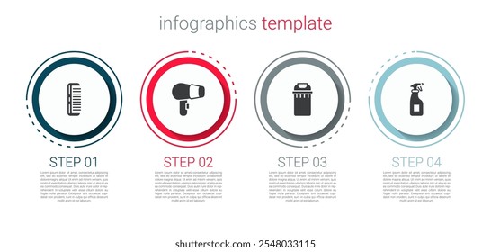 Set Cepillo de pelo, secador, cubo de basura y botella de spray de limpieza. Plantilla de infografía de negocios. Vector