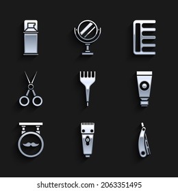 Set Hairbrush, Electrical hair clipper or shaver, Straight razor, Cream lotion cosmetic tube, Barbershop, Scissors hairdresser,  and Shaving gel foam icon. Vector