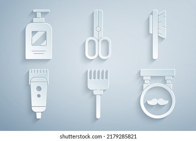 Set Hairbrush, Electrical hair clipper or shaver, Barbershop, Scissors hairdresser and Bottle of shampoo icon. Vector