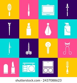 Set Hairbrush, Eyelash curler, Cream cosmetic tube, Makeup powder with mirror, Lipstick,  and Perfume icon. Vector