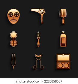 Set Hairbrush, Eyelash curler, Makeup powder with mirror, Bottle of shampoo, Eyebrow tweezers, and Facial cosmetic mask icon. Vector