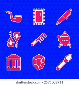 Set Hairbrush, Gem stone, Silver spoon, Classic teapot, Museum building, Earrings, Pen and Smoking pipe icon. Vector