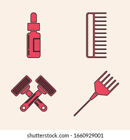 Set Hairbrush, Glass bottle with a pipette, Hairbrush and Crossed shaving razor icon. Vector