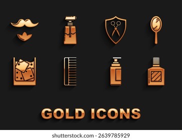 Set Hairbrush, Hand mirror, Aftershave, Cream lotion cosmetic tube, Glass of whiskey ice cubes, Scissors hairdresser shield, Mustache beard and  icon. Vector