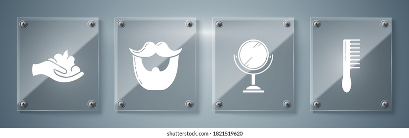 Set Hairbrush, Hand mirror, Mustache and beard and Shaving gel foam on hand. Square glass panels. Vector