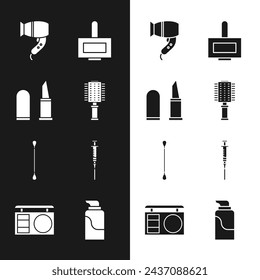 Set Hairbrush, Lipstick, dryer, Nail polish bottle, Cotton swab for ears, Syringe, Cream cosmetic tube and Eye shadow palette icon. Vector