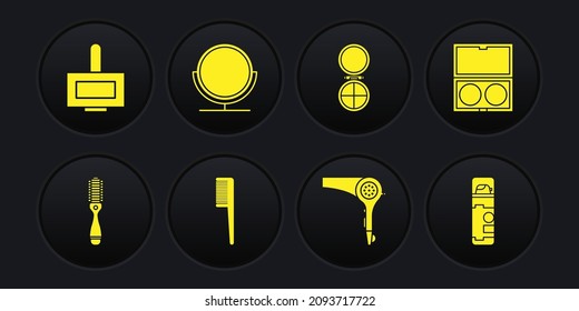 Set Hairbrush, Makeup powder with mirror, dryer, Round makeup, Shaving gel foam and Nail polish bottle icon. Vector
