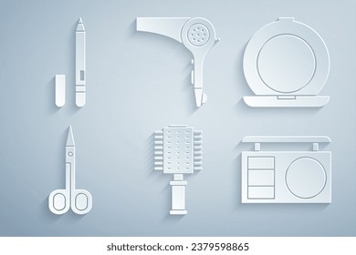 Set Hairbrush, Makeup powder with mirror, Scissors, Eye shadow palette, dryer and Eyeliner, eyebrow icon. Vector