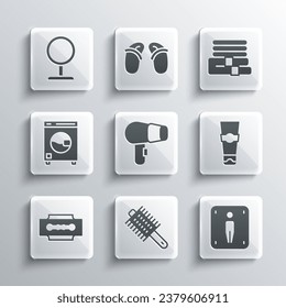 Set Hairbrush, Male toilet, Tube of toothpaste, dryer, Blade razor, Washer, Round makeup mirror and Towel stack icon. Vector