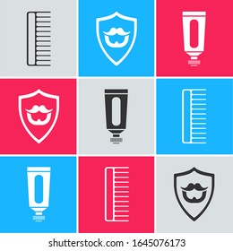 Set Hairbrush, Mustache and beard on shield and Cream or lotion cosmetic tube icon. Vector