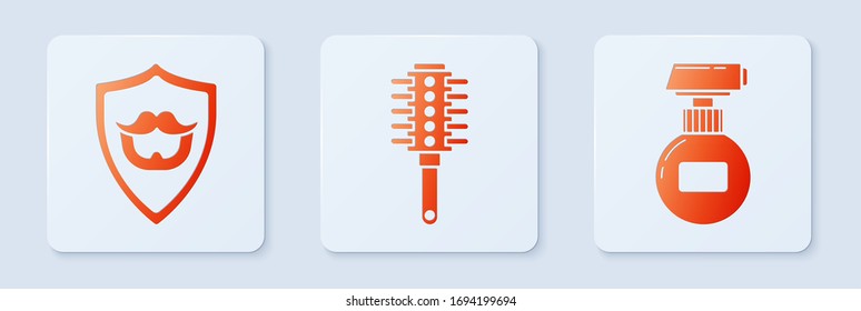 Set Hairbrush, Mustache and beard on shield and Cream or lotion cosmetic tube. White square button. Vector