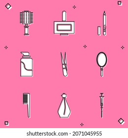 Set Hairbrush, Nail polish bottle, Eyeliner, eyebrow, Cream cosmetic tube, Eyebrow tweezers, Hand mirror,  and Perfume icon. Vector