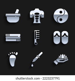 Set Hairbrush, Pipette, Lotus flower, Flip flops, Foot massage, Towel stack, Yin Yang and Mortar and pestle icon. Vector