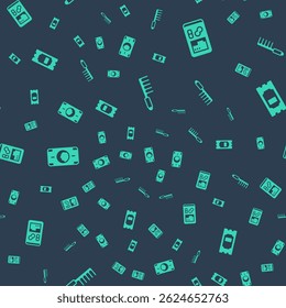 Set Hairbrush, Portable video game console, Stacks paper money cash and Cinema ticket on seamless pattern. Vector