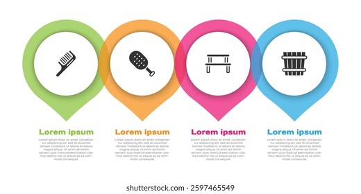 Set Hairbrush, Sauna, wood bench and bucket. Business infographic template. Vector