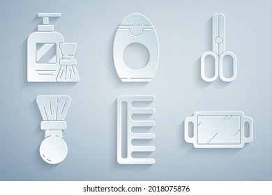 Set Hairbrush, Scissors hairdresser, Shaving, Hand mirror, Bottle of shampoo and gel foam icon. Vector