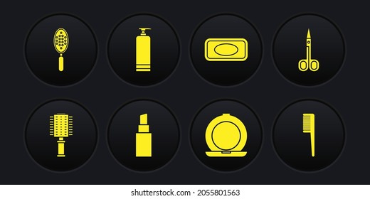 Set Hairbrush, Scissors, Lipstick, Makeup powder with mirror, Bar of soap, Cream cosmetic tube,  and  icon. Vector