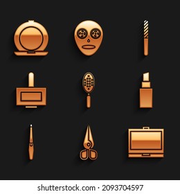 Set Hairbrush, Scissors, Makeup powder with mirror, Lipstick, Nail file, polish bottle,  and  icon. Vector