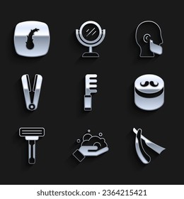 Set Hairbrush, Shaving foam on hand, Straight razor, Gel wax for hair styling, Curling iron, Mustache beard and Human follicle icon. Vector