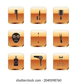 Set Hairbrush, Spray can, dryer, Cotton swab for ears, Facial cosmetic mask, Eyelash curler and Eyeliner, eyebrow icon. Vector