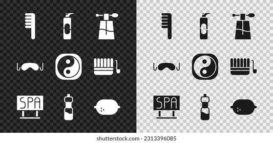 Set Hairbrush, Spray can for hairspray, Perfume, Spa salon signboard, Bottle of water, Lemon, Eye sleep mask and Yin Yang icon. Vector