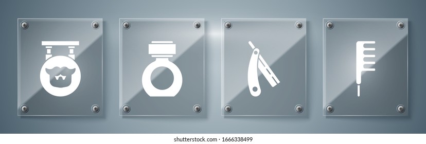 Set Hairbrush, Straight razor, Aftershave and Barbershop. Square glass panels. Vector