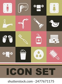 Set Hairbrush, Towel stack, Rubber duck, on hanger, Industry metallic pipe, Water tap, Male toilet and plunger icon. Vector