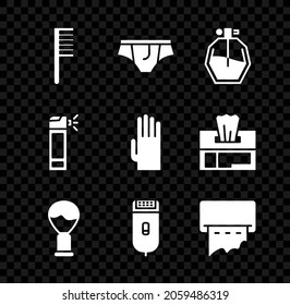 Set Hairbrush, Underwear, Perfume, Shaving, Electrical hair clipper or shaver, Paper towel dispenser on wall, Bottle with nozzle spray and Rubber gloves icon. Vector