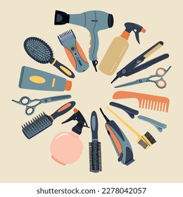 Set of haircut tools and accessories. Hair dryer, hairbrush, razor, scissors and different professional tools for barbershop. Hand drawn vector illustration isolated on light background, flat style.