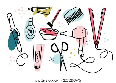 Conjunto de herramientas de pájaro. Secador de pelo, alisador de pelo, plancha curling, tinte de pelo, tijeras, peine, producto de cuidado. Ilustraciones vectoriales de línea.