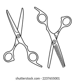 Set of Hairdress barber scissors, professional salon tools. Hairdressing design element. Outline doodle vector logo illustration.