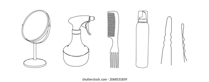 Set of hairdresser details in linear style on white. Hand drawn continuous line art vector illustration. Mirror, a comb, a hair fixation spray, and hairpins.