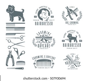 Set of hairdresser for dog. Badges and design elements. Isolated on white background
