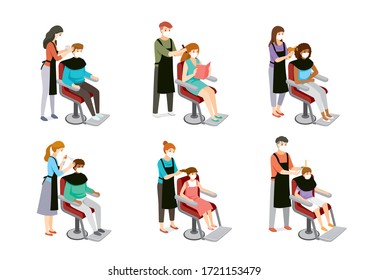 Set Of Hairdresser Doing Hair Of Customers, Man, Woman, Boy And Girl, Hairdressing Equipments, New Normal, Beauty, Shop, Healthcare