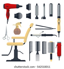 Set of hairdresser objects in flat style isolated on white background. Hair salon equipment and tools logo icons, hairdryer, comb, scissors, chair, hairclipper, curling, hair straightener.