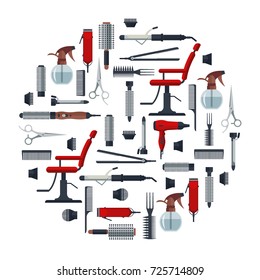 Set of hairdresser objects in flat style isolated on white background. Hair salon equipment and tools logo icons, hairdryer, comb, scissors, chair, hairclipper, curling, hair straightener
