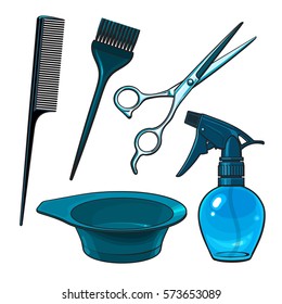 Set of hairdresser objects - scissors, brush, comb, coloring bowl and spray bottle, sketch style vector illustration isolated on white background. Hairdresser, hair stylist tools, objects, attributes