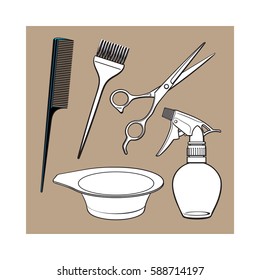 Set of hairdresser objects - scissors, brush, comb, coloring bowl and spray bottle, sketch style vector illustration isolated on brown background. Hairdresser, hair stylist tools, objects, attributes