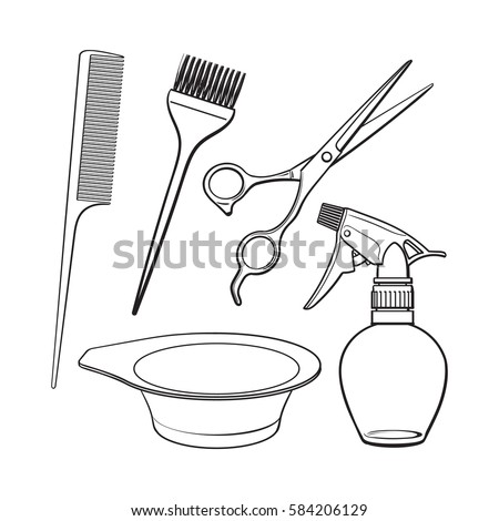 Set of hairdresser objects - scissors, brush, comb, coloring bowl and spray bottle, sketch style vector illustration isolated on white background. Hairdresser, hair stylist tools, objects, attributes