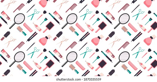 set hairdresser tools and accessories collection beauty salon concept seamless pattern horizontal vector illustration