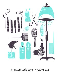 Set of hairdresser tools and icons, including bonnet hair dryer, hair-dying brush and paste, combs, scissors and the salon bib