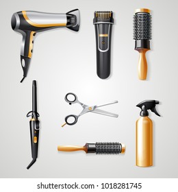 Set of hairdresser tools realistic 3d icons  curling iron hairdryer and hair clipper vector illustration