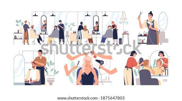 Set of hairdressers and barbers working with\
clients in hairdressing salon. Hairstylists doing haircuts and\
hairstyles for men and women. Colored flat vector illustration\
isolated on white\
background