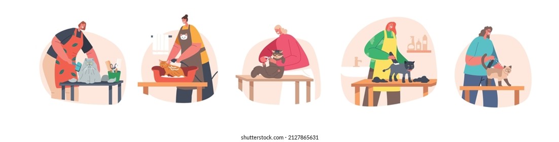 Set of Hairdressers Characters Care of Cats Cutting Wool, Talons, Washing and Comb in Salon for Pets. Groomers Service Specialists Working with Feline Animals. Cartoon People Vector Illustration